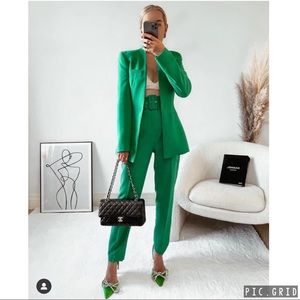 Zara Green Power Suit with Blazer and High-Waisted Pants